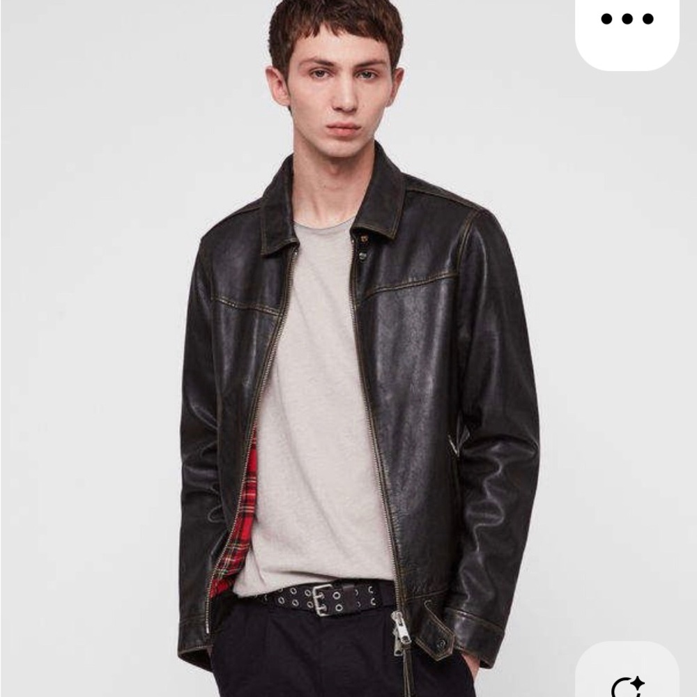 AllSaints Caleb Black Leather Jacket with Red Plaid Lining